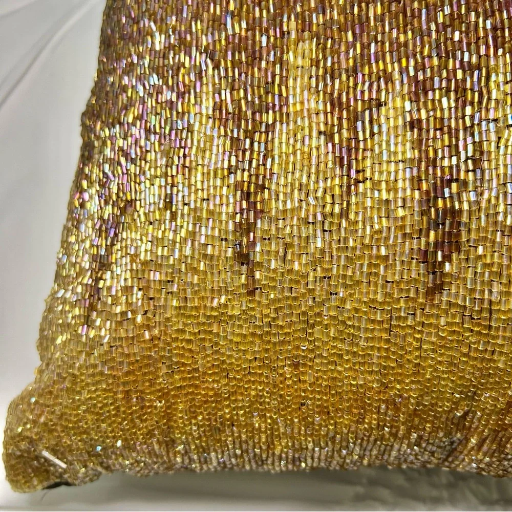 Pier 1 Gold & Brown Beaded Decorative Pillow 12x12